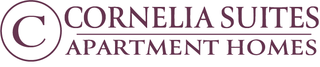a graphic with the words cornelia suit apartments on a green background